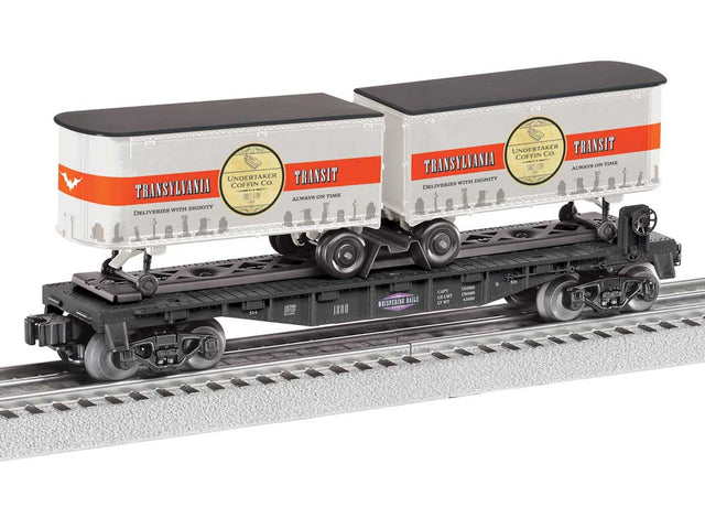 Intermodal TOFC Flatcar w/2 Trailers - 3-Rail - Ready to Run -- Whispering Rails (black, silver & red Transylvania Transit Halloween Trailer