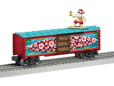 Surfing Steel Boxcar - 3-Rail - Ready to Run - Thomas Kinkade Studios -- Surfin Santa (red, blue car w/multi-color art)