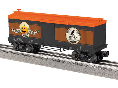 Double-Sheathed Wood Boxcar - 3-Rail - Ready to Run -- Haunted Hollow Wings of Raven #02531 (Hallloween black, orange, brown)
