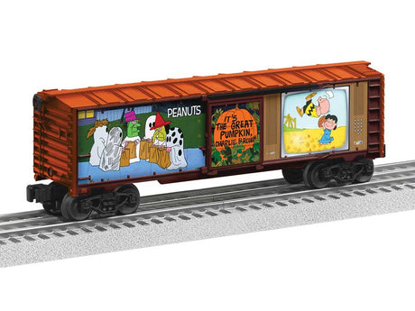 Steel Boxcar with Illuminated Side - 3-Rail - Ready to Run -- Peanuts(TM) It's the Great Pumpkin Charlie Brown (red, full-color)-2