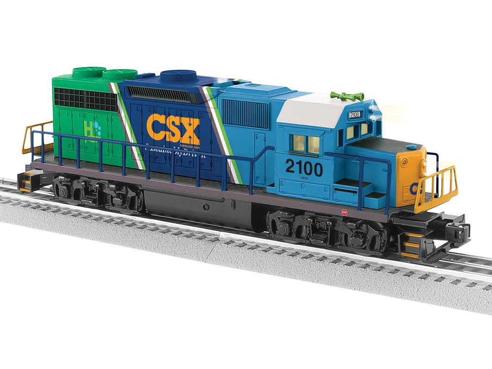 EMD GP38 - 3-Rail w/LionChief Plus 2.0 Sound, Control & Smoke -- CSX #2100 (Hydrogen Demonstrator, blue, green, yellow)