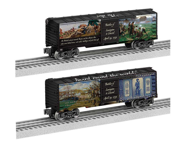 Steel Boxcar - 3-Rail - Ready to Run -- Battles of Lexington & Concord 250th Anniversary (black car)-1