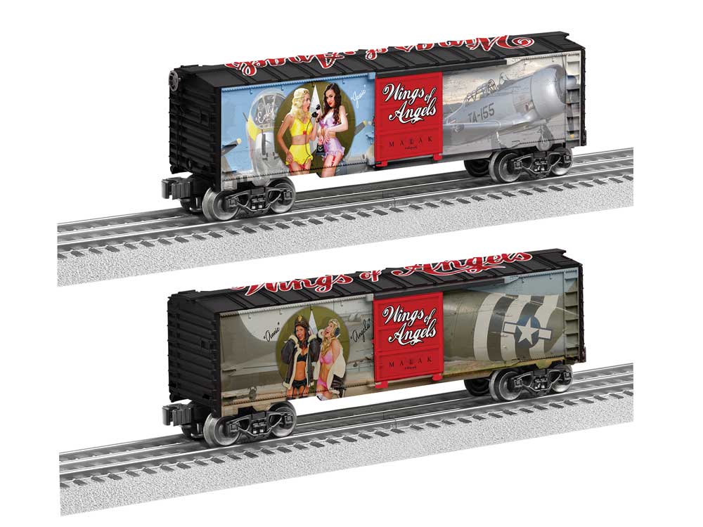 Steel Boxcar - 3-Rail - Ready to Run -- Wings of Angels - High Altitude Hotties (black car)-1