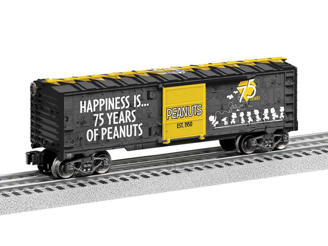 Steel Boxcar - 3-Rail - Ready to Run -- Peanuts(TM) 75th Anniversary (black, gold car)-1