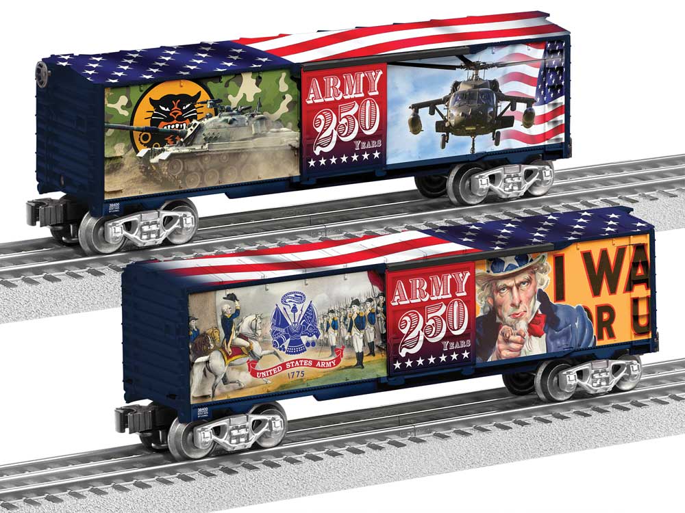 Steel Boxcar - 3-Rail - Ready to Run -- US Army 250th Anniversary (blue, red, white, Full Color Artwork)