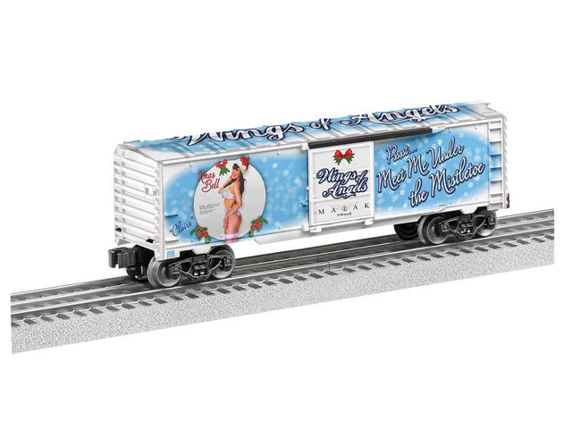 Steel Boxcar - 3-Rail - Ready to Run -- Wings of Angels Christmas (blue, white, red, Clare Pin-Up Graphics)-1