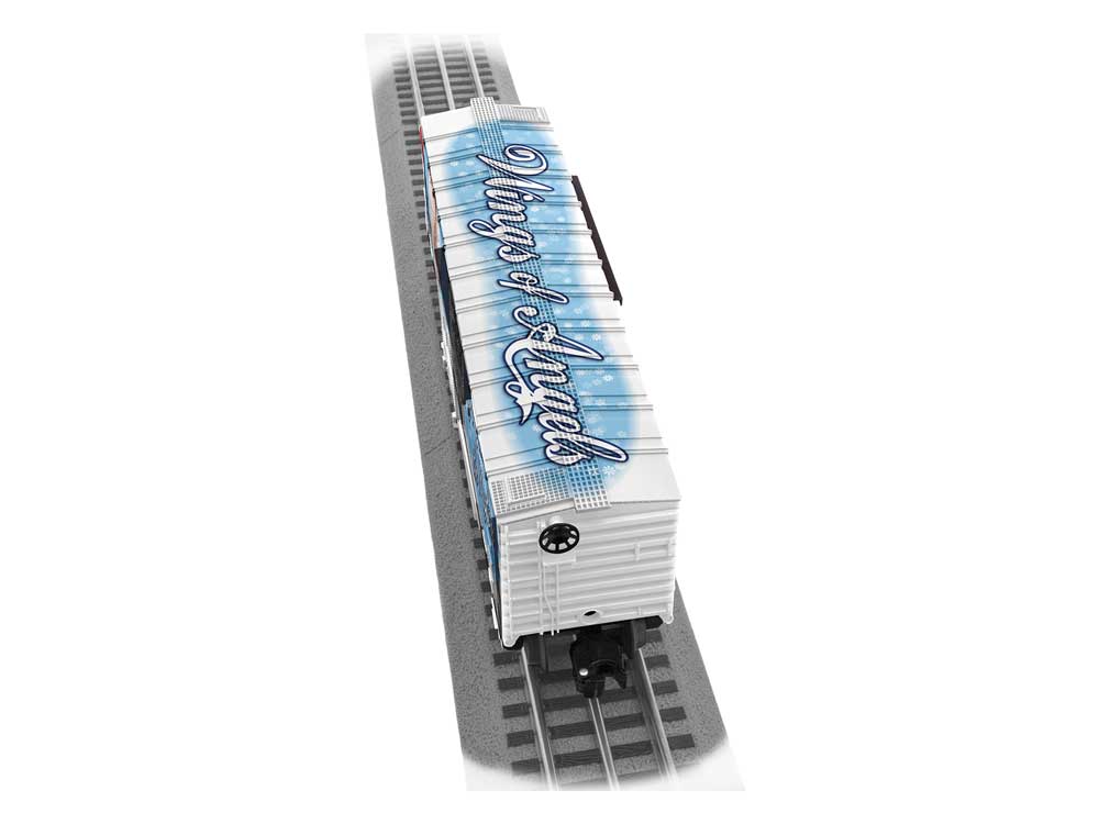 Steel Boxcar - 3-Rail - Ready to Run -- Wings of Angels Christmas (blue, white, red, Clare Pin-Up Graphics)-2