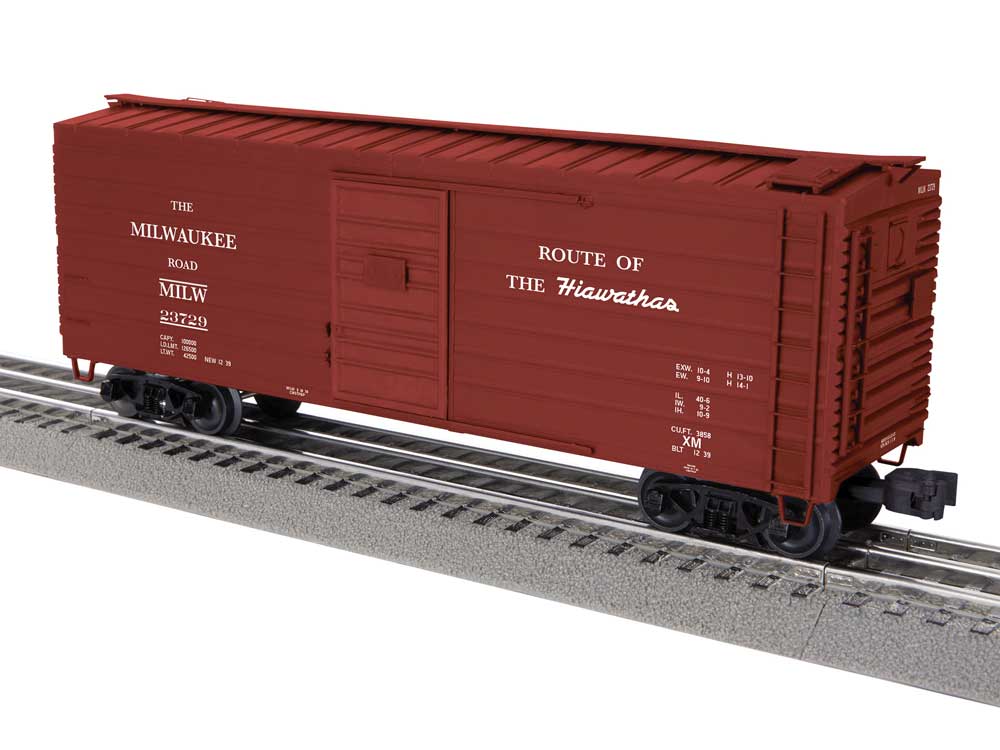 40' Rib-Side Boxcar - 3-Rail - Ready to Run -- Milwaukee Road #22729 (Boxcar Red, Hiawathas Slogan)