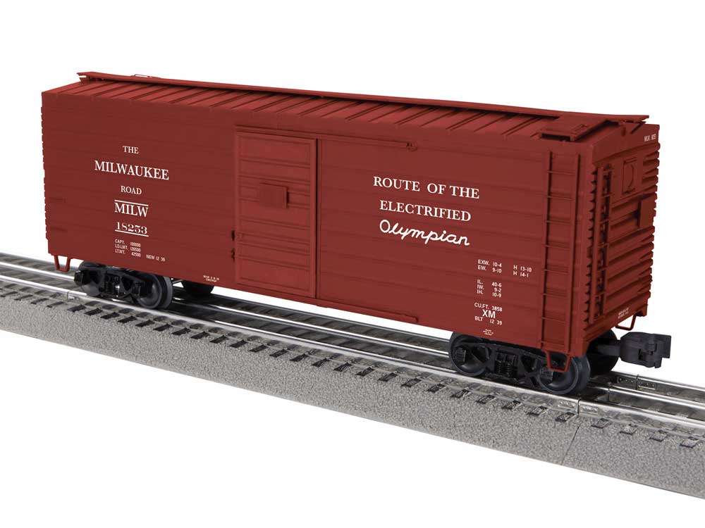 40' Rib-Side Boxcar - 3-Rail - Ready to Run -- Milwaukee Road #18253 (Boxcar Red, Olympian Slogan)