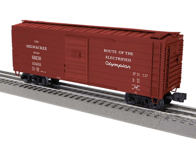 40' Rib-Side Boxcar - 3-Rail - Ready to Run -- Milwaukee Road #18253 (Boxcar Red, Olympian Slogan)