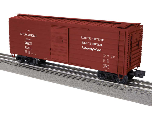 40' Rib-Side Boxcar - 3-Rail - Ready to Run -- Milwaukee Road #18361 (Boxcar Red, Olympian Slogan)