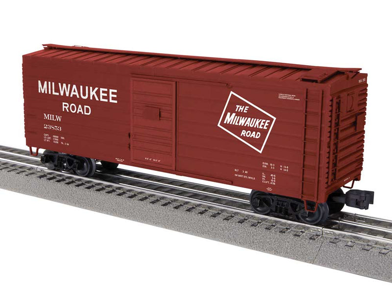 40' Rib-Side Boxcar - 3-Rail - Ready to Run -- Milwaukee Road #23853 (Boxcar Red, Large Roadname, TMR Logo)
