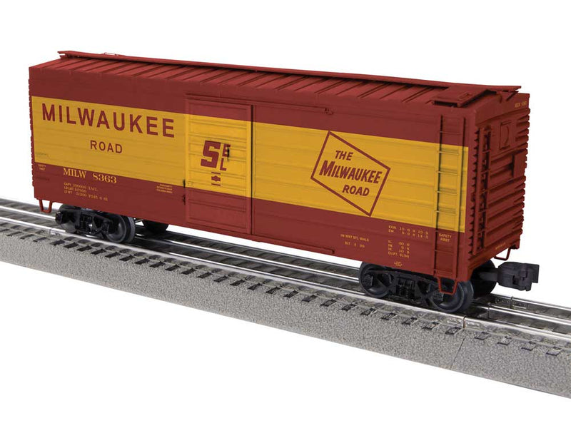 40' Rib-Side Boxcar - 3-Rail - Ready to Run -- Milwaukee Road #8363 (Boxcar Red, yellow, Large Roadname, TMR Logo)