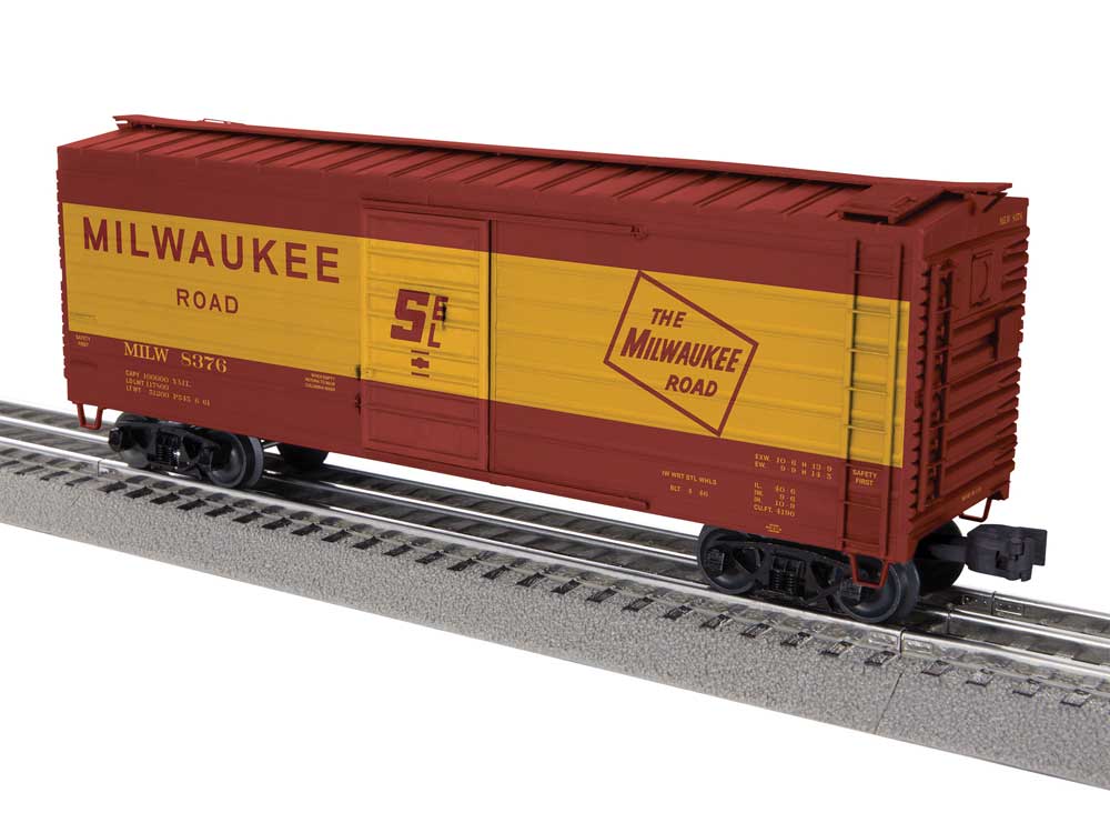 40' Rib-Side Boxcar - 3-Rail - Ready to Run -- Milwaukee Road #8376 (Boxcar Red, Large Roadname, TMR Logo)