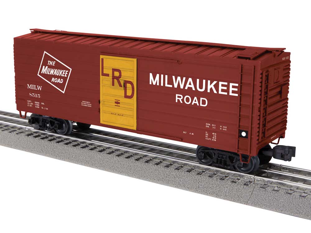 40' Rib-Side Boxcar - 3-Rail - Ready to Run -- Milwaukee Road #8515 (Boxcar Red, yellow, Large Roadname, LRD on Door)