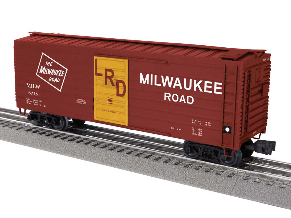 40' Rib-Side Boxcar - 3-Rail - Ready to Run -- Milwaukee Road #8518 (Boxcar Red, yellow, Large Roadname, LRD on Door)