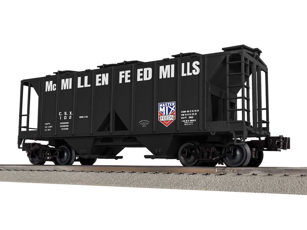 Class AC-2 2-Bay Covered Hopper - 3-Rail - Ready to Run -- McMillen Feed Mills #102 (black, white, red)