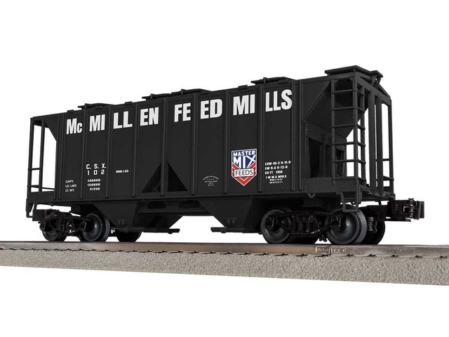Class AC-2 2-Bay Covered Hopper - 3-Rail - Ready to Run -- McMillen Feed Mills #102 (black, white, red)