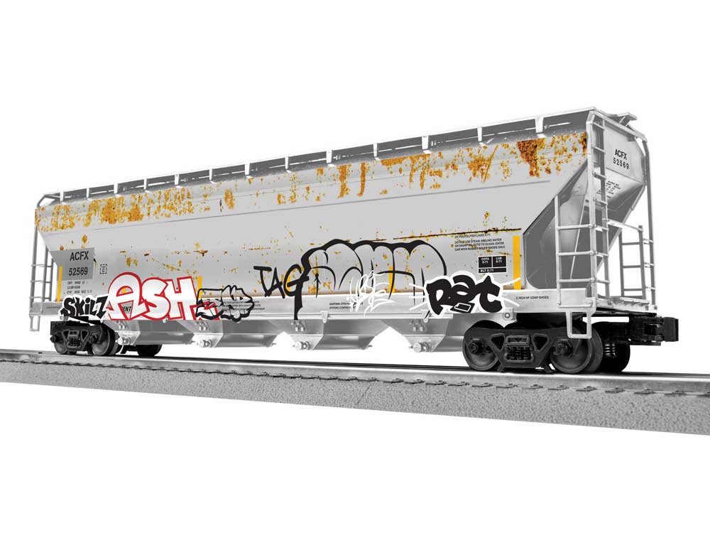 ACF 4-Bay Covered Hopper - 3-Rail - Ready to Run -- ACFX #52569 (Weathered, gray, Graffiti)-1