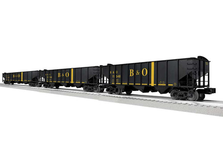 3-Bay Hopper Peaked Ends 3-Pack - Scale 3-Rail - Ready to Run -- Baltimore & Ohio #11548, 12146, 12689 (black, yellow)