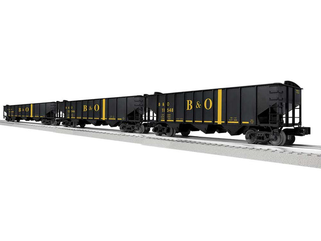 3-Bay Hopper Peaked Ends 3-Pack - Scale 3-Rail - Ready to Run -- Baltimore & Ohio #11548, 12146, 12689 (black, yellow)