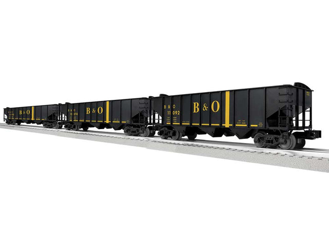 3-Bay Hopper Peaked Ends 3-Pack - Scale 3-Rail - Ready to Run -- Baltimore & Ohio #13012, 12374, 11092 (black, yellow)