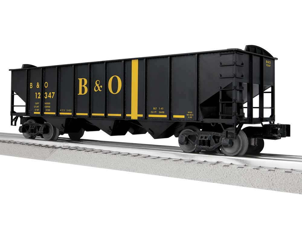3-Bay Hopper Peaked Ends - Scale 3-Rail - Ready to Run -- Baltimore & Ohio #12347 (black, yellow)