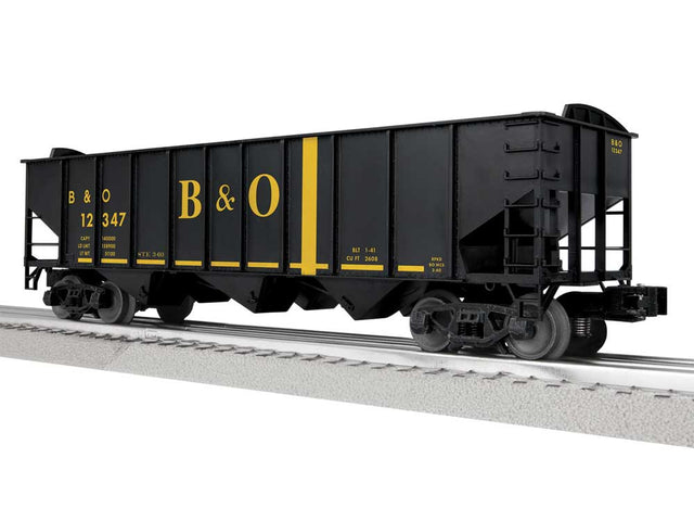 3-Bay Hopper Peaked Ends - Scale 3-Rail - Ready to Run -- Baltimore & Ohio #12347 (black, yellow)