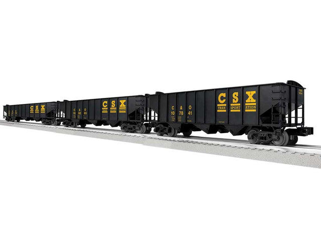 3-Bay Hopper Peaked Ends 3-Pack - Scale 3-Rail - Ready to Run -- CSX C&O #17841, 108265, 108779 (black, yellow)