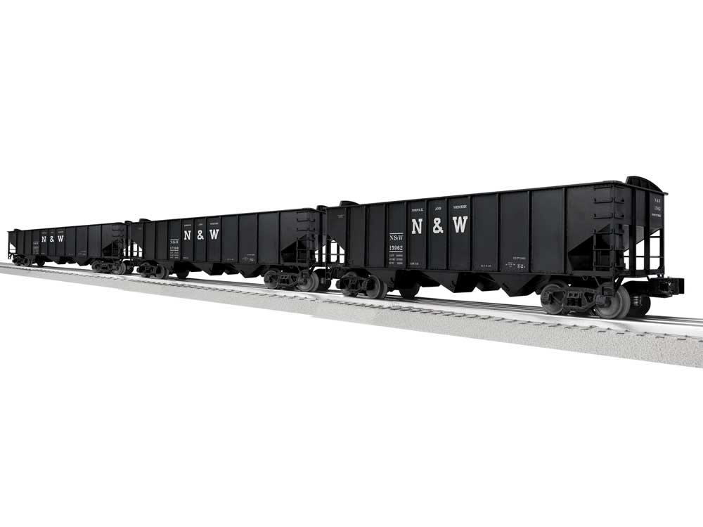 3-Bay Hopper Peaked Ends 3-Pack - Scale 3-Rail - Ready to Run -- Norfolk & Western #15962, 18054, 17300 (black, white, Block N&W)