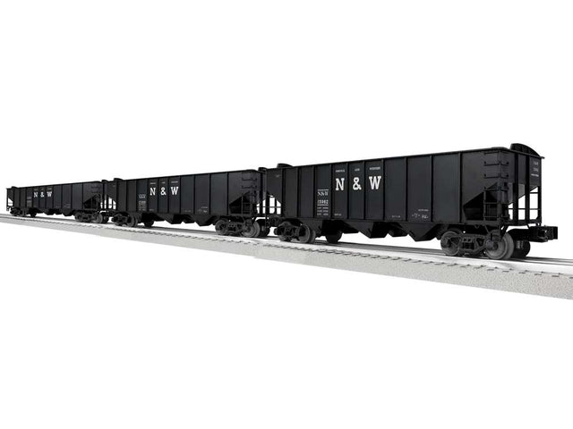 3-Bay Hopper Peaked Ends 3-Pack - Scale 3-Rail - Ready to Run -- Norfolk & Western #15962, 18054, 17300 (black, white, Block N&W)