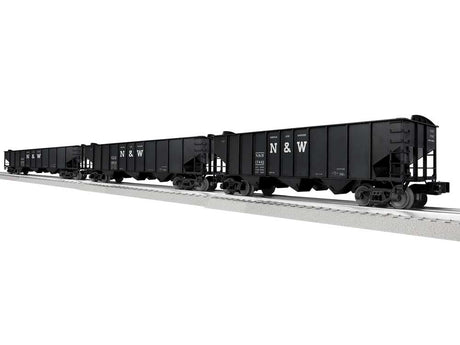 3-Bay Hopper Peaked Ends 3-Pack - Scale 3-Rail - Ready to Run -- Norfolk & Western #17442, 19915, 20226 (black, white, Block N&W)