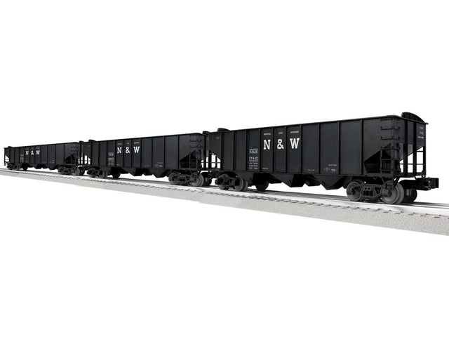 3-Bay Hopper Peaked Ends 3-Pack - Scale 3-Rail - Ready to Run -- Norfolk & Western #17442, 19915, 20226 (black, white, Block N&W)