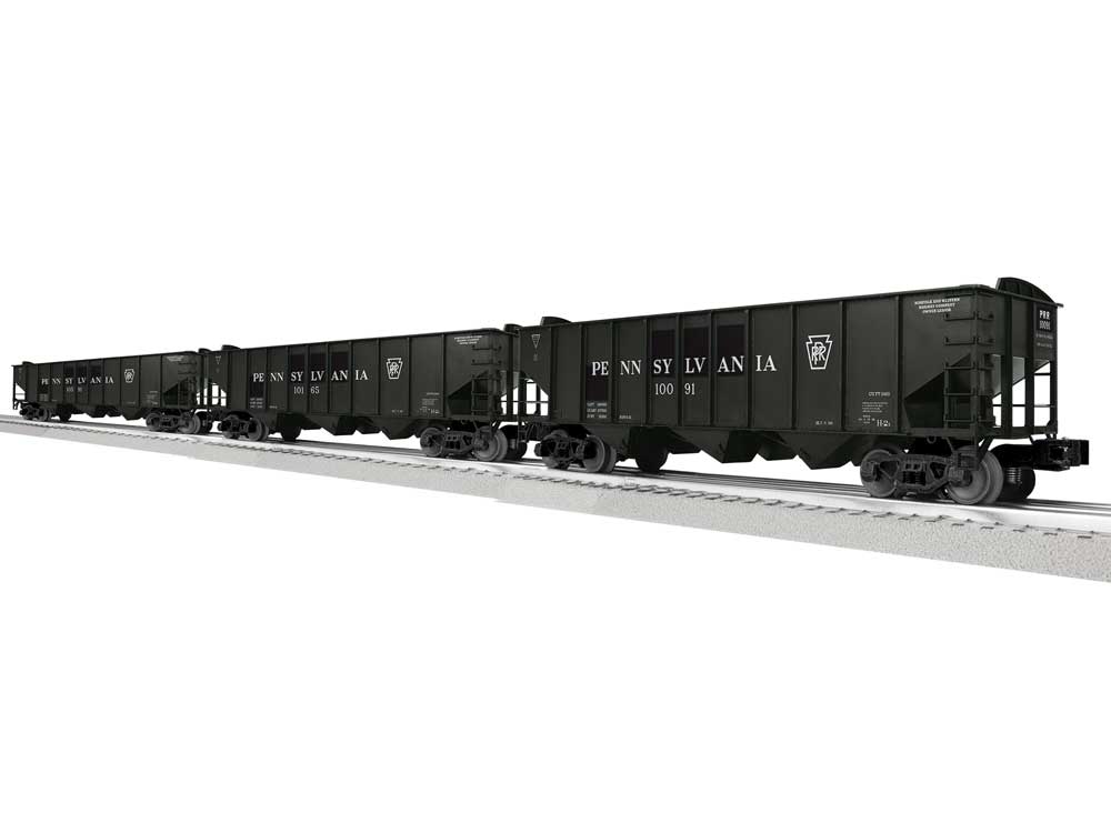 3-Bay Hopper Peaked Ends 3-Pack - Scale 3-Rail - Ready to Run -- Pennsylvania Railroad #10091, 10165, 10591 (Patched, black, white)