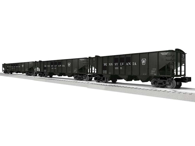 3-Bay Hopper Peaked Ends 3-Pack - Scale 3-Rail - Ready to Run -- Pennsylvania Railroad #10091, 10165, 10591 (Patched, black, white)