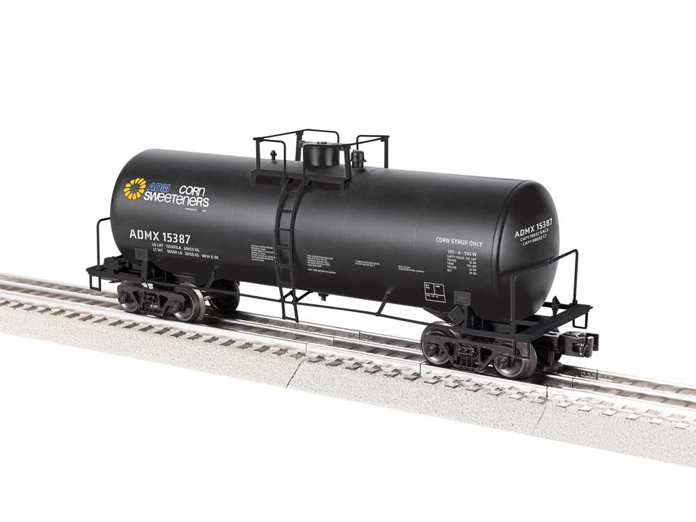 ACF 40' Frameless Tank Car - 3-Rail - Ready to Run -- ADM Corn Sweeteners ADMX #15387 (black, yellow, blue, white)
