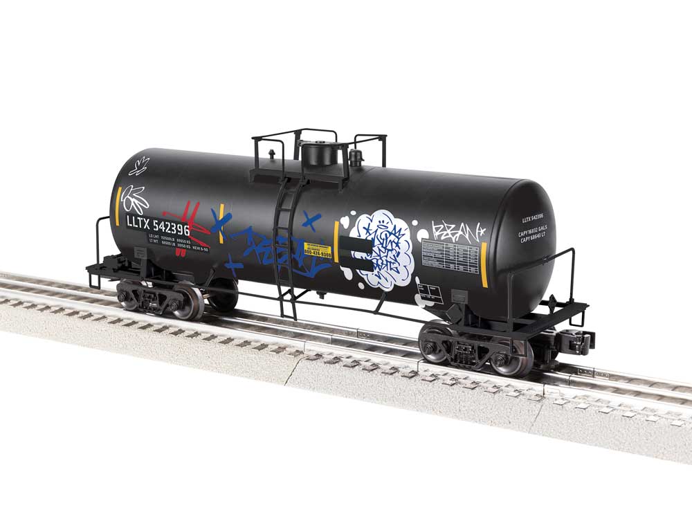 ACF 40' Frameless Tank Car - 3-Rail - Ready to Run -- LLTX #542396 (Weathered, black, graffiti)
