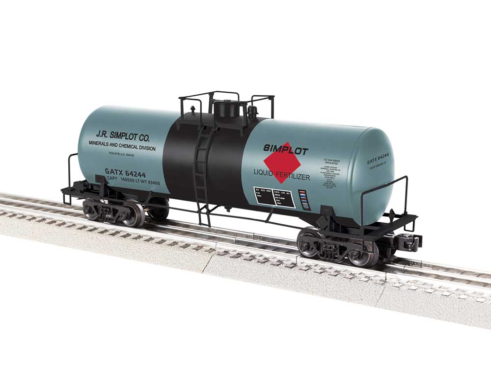 ACF 40' Frameless Tank Car - 3-Rail - Ready to Run -- JR Simplot GATX #64244 (gray, black, red)
