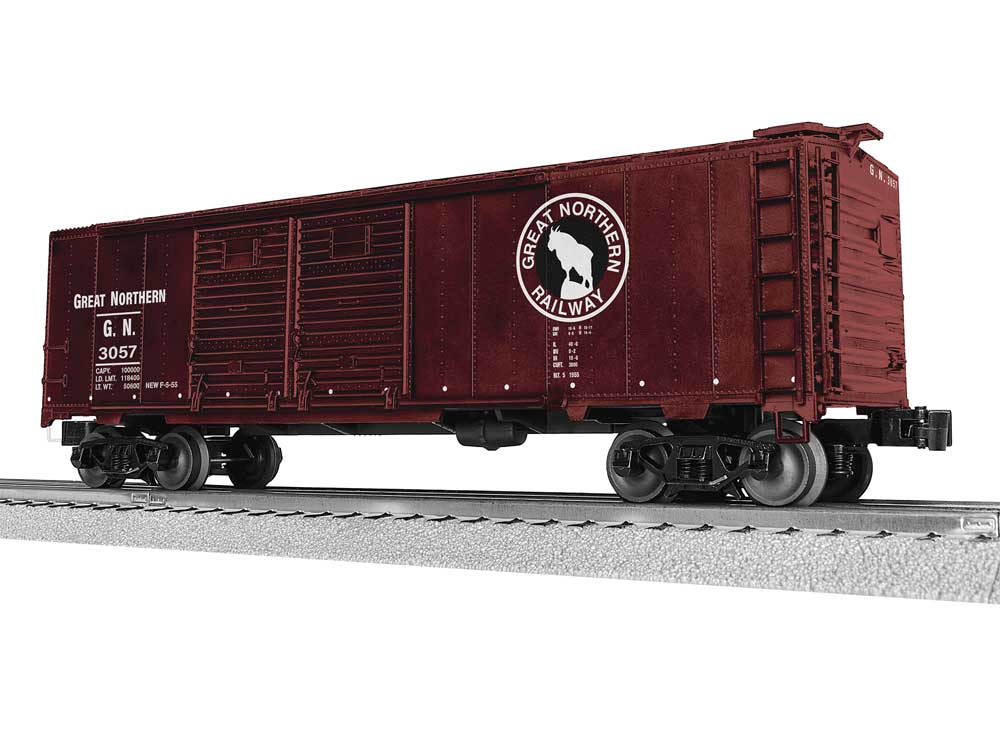 40' Double-Door Boxcar - 3-Rail - Ready to Run -- Great Northern #3057 (Boxcar Red, white, black, Rocky Logo)