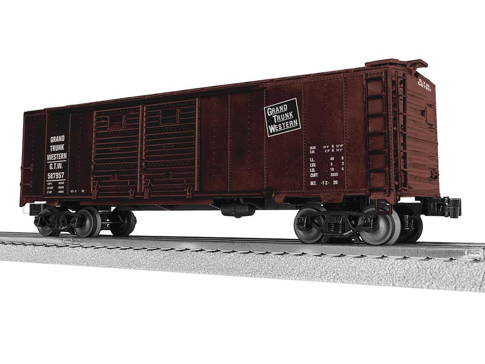 40' Double-Door Boxcar - 3-Rail - Ready to Run -- Grand Trunk Western #587957 (Boxcar Red, white)