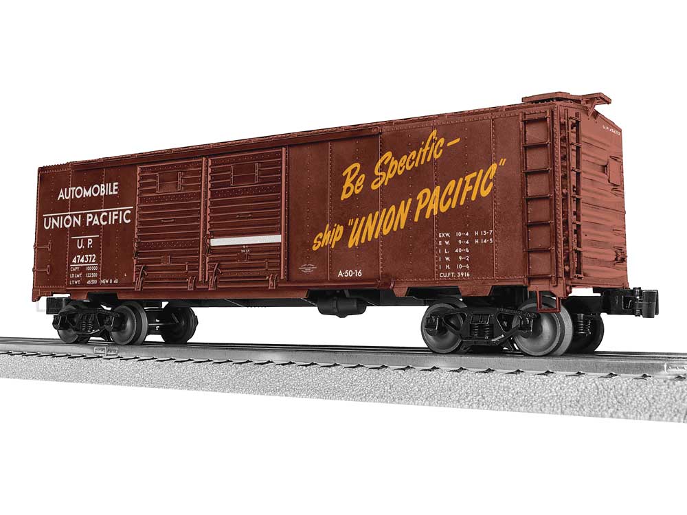 40' Double-Door Boxcar - 3-Rail - Ready to Run -- Union Pacific #474372 (Boxcar Red, Automobile Service, Be Specific Slogan)-1