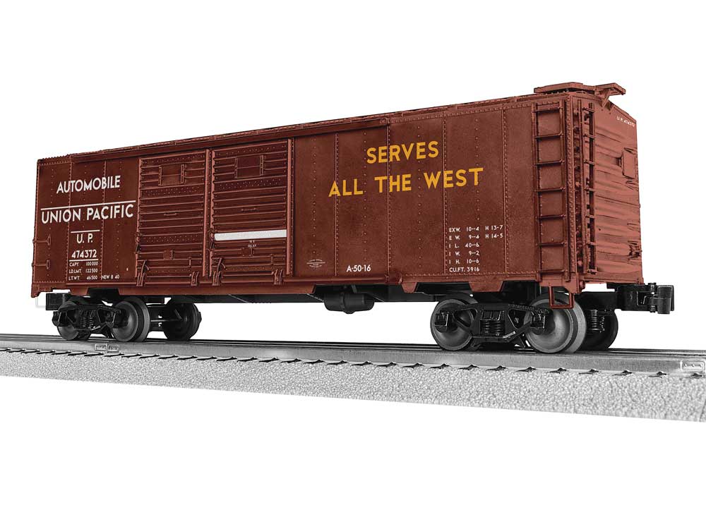 40' Double-Door Boxcar - 3-Rail - Ready to Run -- Union Pacific #474372 (Boxcar Red, Automobile Service, Be Specific Slogan)-2