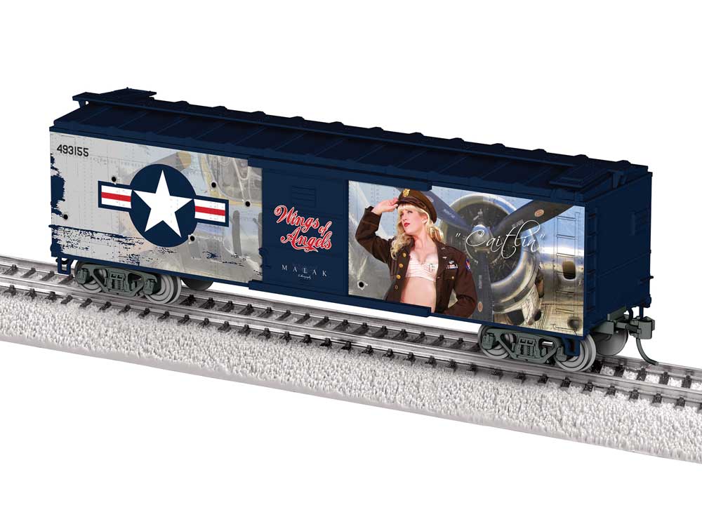 40' Steel Flat-End Boxcar - Ready to Run -- Wings of Angels (Caitlin, blue, gray, Military Pin-Up Model Graphics)-1