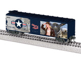 40' Steel Flat-End Boxcar - Ready to Run -- Wings of Angels (Caitlin, blue, gray, Military Pin-Up Model Graphics)-1