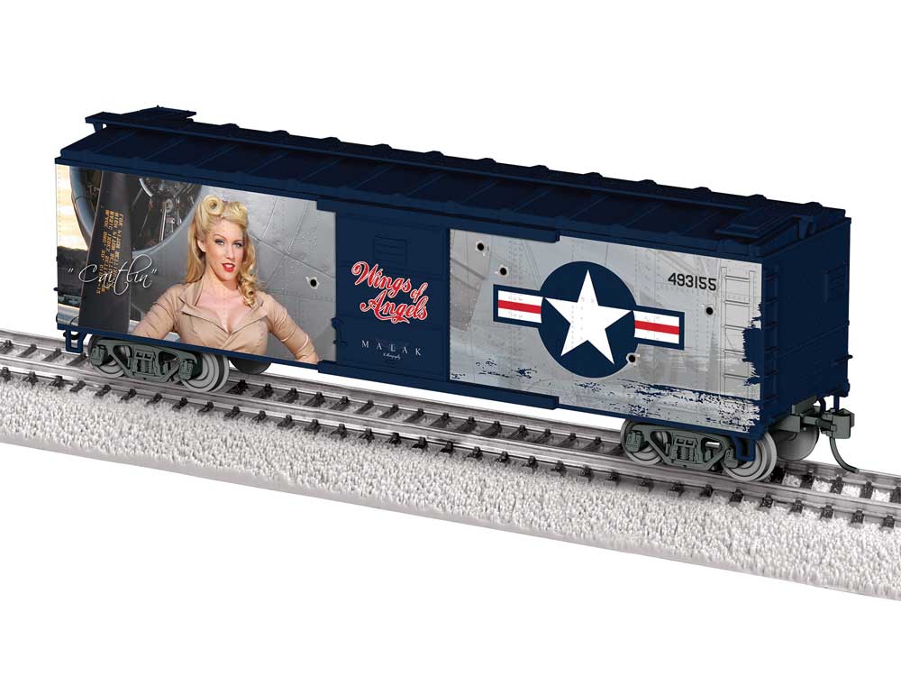 40' Steel Flat-End Boxcar - Ready to Run -- Wings of Angels (Caitlin, blue, gray, Military Pin-Up Model Graphics)-2