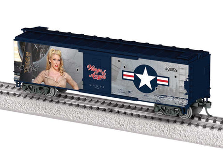 40' Steel Flat-End Boxcar - Ready to Run -- Wings of Angels (Caitlin, blue, gray, Military Pin-Up Model Graphics)-2