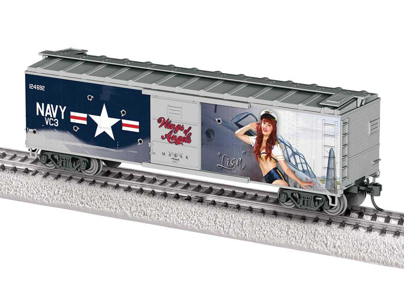 40' Steel Flat-End Boxcar - Ready to Run -- Wings of Angels (Lisa Marie; silver, blue; Military Pin-Up Model Graphics)-1