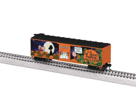 40' Steel Flat-End Boxcar - Ready to Run -- Peanuts It's The Great Pumpkin, Charlie Brown (orange, black)