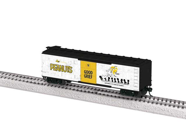 40' Steel Flat-End Boxcar - Ready to Run -- Peanuts (75th Anniversary, white, black, yellow)