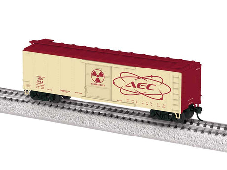 40' Steel Flat-End Boxcar with Sound - Ready to Run -- Atomic Energy Commission #1954 (cream, red, Glow in the Dark)-1